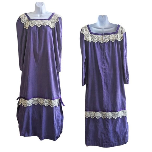 Rare Vtg 70s PRINCESS KAIULANI Purple Corduroy Prairie Kailihiwa Kaftan Dress Sz - Picture 1 of 8